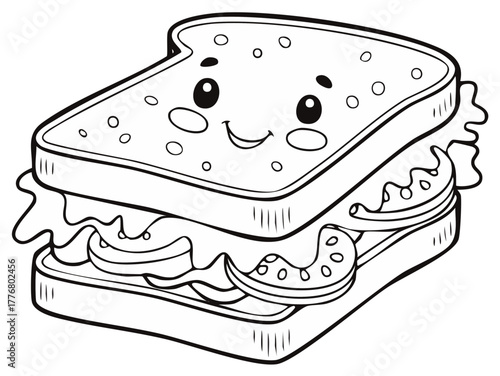 Cute Smiling Sandwich Line Art Drawing for Children's Educational Activities and Coloring Books