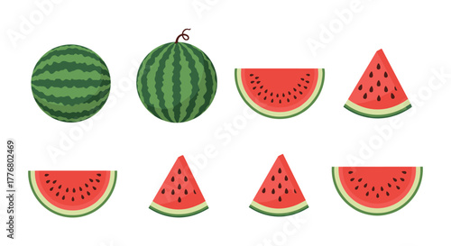 Colorful watermelon collection with whole and sliced variations in flat design