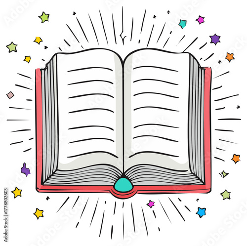 Open Book with Colorful Starbursts Bursting with Knowledge and Creativity