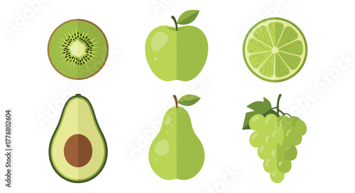 Fresh green fruits collection: kiwi, apple, lime, avocado, pear, grapes in modern flat design