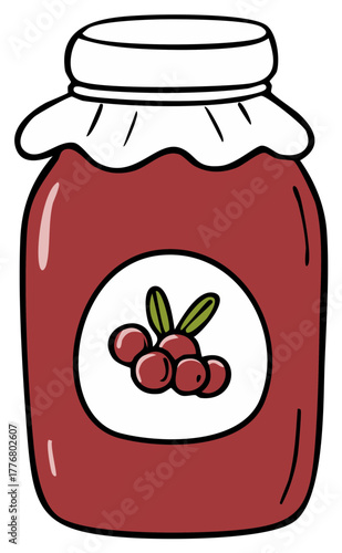 Hand drawn jar of berry jam with cloth cover and fruit label illustration