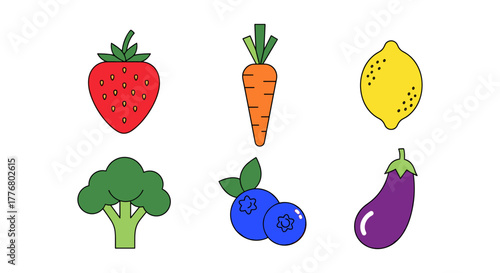 Colorful flat design of fruits and vegetables icons on white background