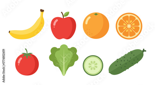 Colorful flat style fruit and vegetable icons set for healthy food design