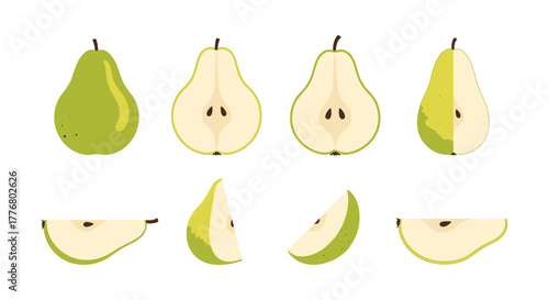 Fresh green pears in various cuts on white background