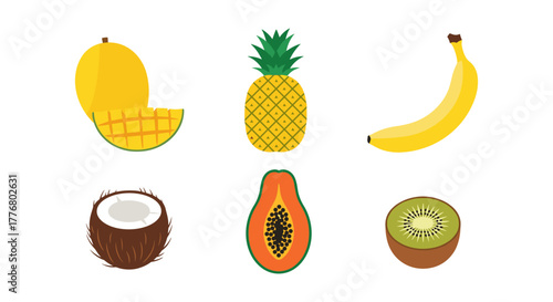 Tropical fruits collection featuring mango, pineapple, banana, coconut, papaya, and kiwi