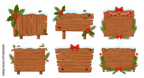Festive wooden signs with snow and holly decorations in flat design