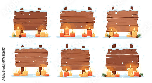 Wooden signboards with snow and candles for winter holiday decor