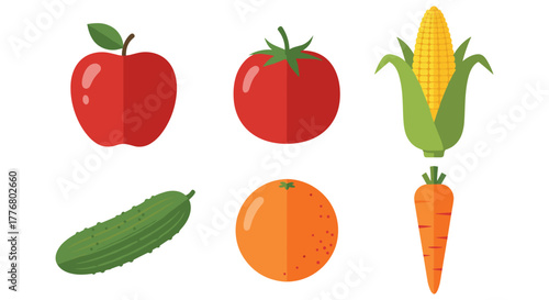 Fresh flat design fruits and vegetables set with apple, tomato, corn, cucumber, orange, carrot