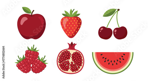 Colorful fruit icons: apple, strawberry, cherry, raspberry, pomegranate, watermelon