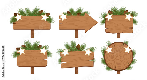 Rustic wood signs with pine cones and stars for holiday decoration