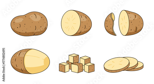 Collection of cartoon potatoes with halves cubes and slices on white background