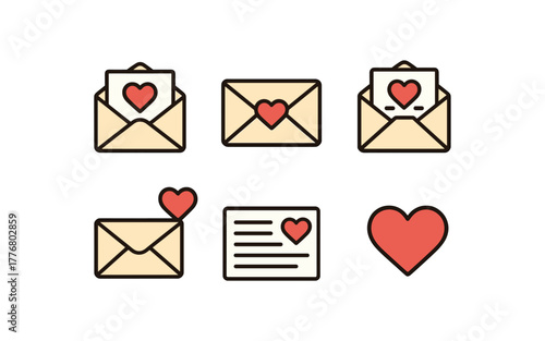 Charming flat style envelope icons with hearts for romantic correspondence