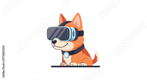 Cute dog wearing virtual reality goggles in cartoon style