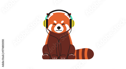 Cute red panda listening to music with headphones in flat style