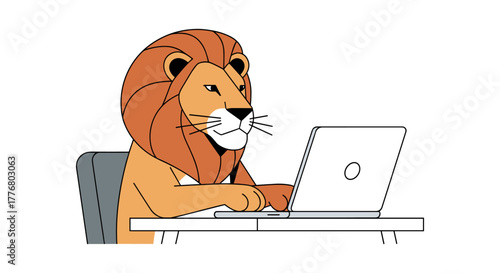 Business lion cartoon working on laptop in modern office setting