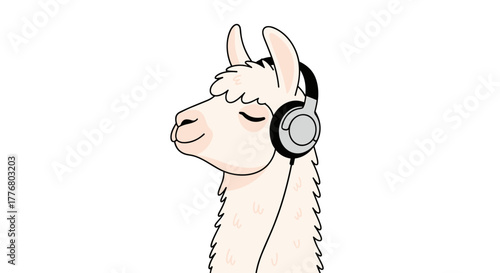 Cute llama enjoying music with headphones on white background