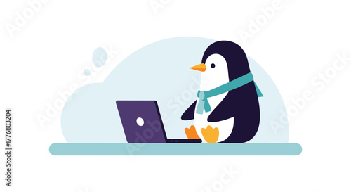 Penguin using laptop in minimalist style with blue scarf