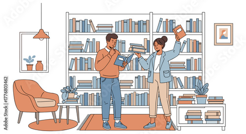 Cozy library scene with people reading and discussing books in modern living room