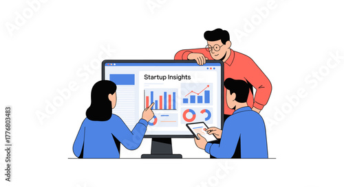 Team analyzing business data on computer for startup growth and strategy planning
