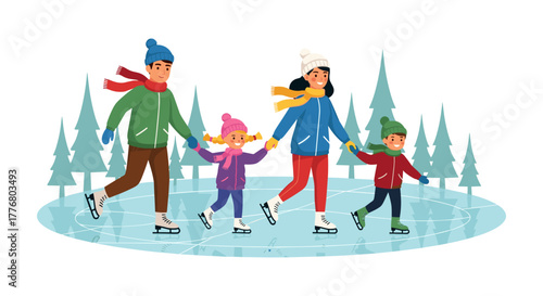 Family ice skating in winter wonderland with evergreen trees