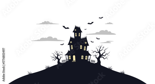 Spooky haunted house with bats and full moon in night sky
