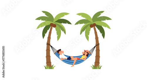 Relaxation in tropical paradise with couple in hammock between palm trees