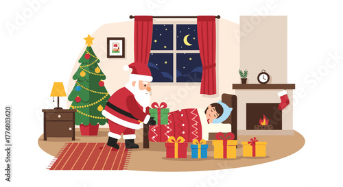 Santa delivering presents on christmas eve in cozy living room scene