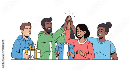 Diverse group of friends celebrating with high fives and gift exchange in cartoon style