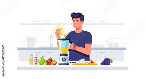 Man making smoothie in modern kitchen with fresh fruits and blender