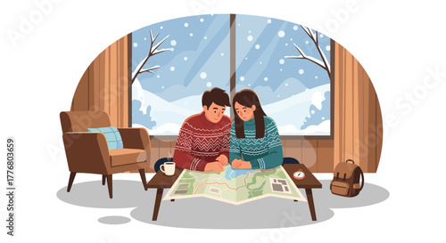 Cozy winter planning: couple in sweaters with map in snowy cabin