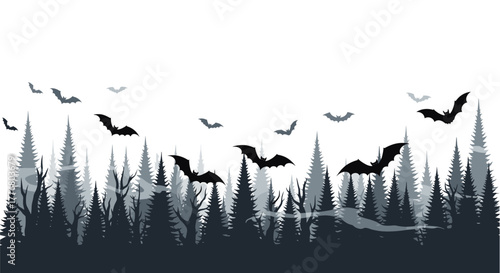 Spooky halloween night with flying bats over a misty forest
