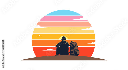 Colorful sunset silhouette of a traveler with backpack on horizon
