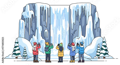 Tourists capturing the beauty of a winter waterfall in scenic mountain landscape