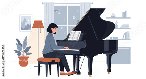 Cozy winter evening: woman playing grand piano in warm living room