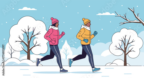 Two people jogging in a winter wonderland with snowy trees and clear blue sky