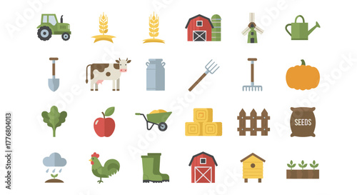 Charming farm icons set featuring barn, equipment, and produce in flat style