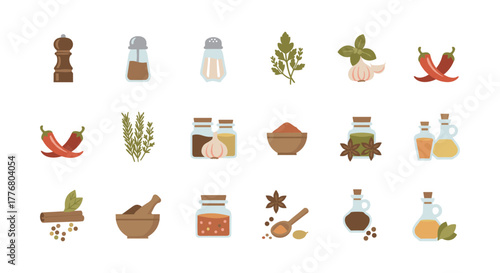 Flat spice and herb icons with pepper mills and oil bottles