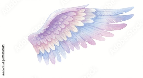 An exquisitely rendered angel wing in soft pastel colors, capturing ethereal lightness and grace.