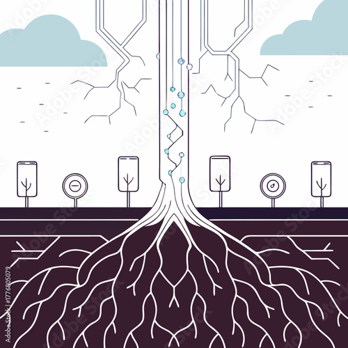 Abstract illustration of tree roots merging with technology elements  