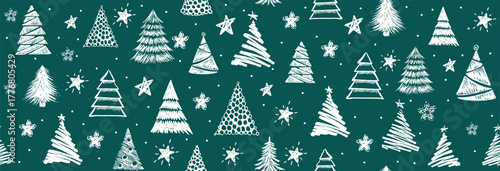 Christmas tree white on green, hand drawn illustrations.	
