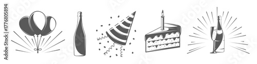 Birthday party icon set balloons, champagne bottle, festive cap, cake slice with candle, and confetti elements for celebration and decoration. Birthday symbols isolated on white background. Vector ill