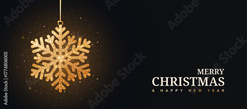 Christmas golden snowflake with glitter isolated on a black background. Glowing realistic 3D snowflake. Luxurious golden Christmas background. Vector illustration