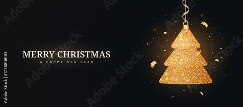 Christmas golden tree with confetti and glitter isolated on a black background. Glowing realistic 3D tree. Golden luxury Christmas background. Vector illustration