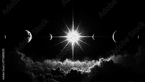 Vector stipple art of celestial bodies with bright star, moons, and stylized clouds. Space vector stipple background. Modern graphic design element.