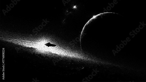 Abstract stipple art of a UFO flying near a planet in space with a bright star overhead, alien world concept for science fiction.