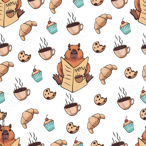 Pattern with a capybara from the menu, with a croissant
