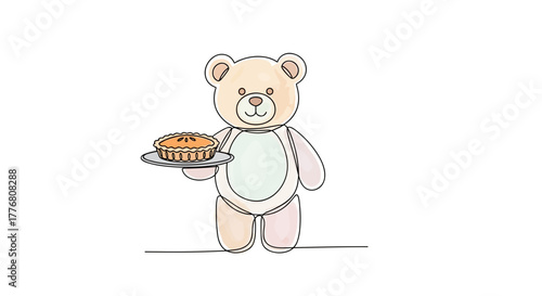 Doodle Teddy Bear Holding a Freshly Baked Pie, great for bakery logo, children's party invitations, and sweet treat print — One Line Art Minimalist Watercolor Vector on White Background
