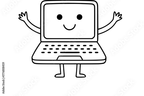 Cheerful laptop character waving hello, a friendly computer with welcoming arms, perfect for tech tutorials or educational content for kids online