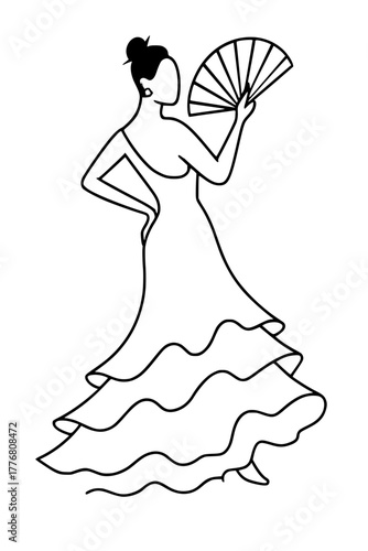 Elegant flamenco dancer gracefully posing with fan, showcasing Spanish tradition and style, perfect for cultural events and passionate dance projects