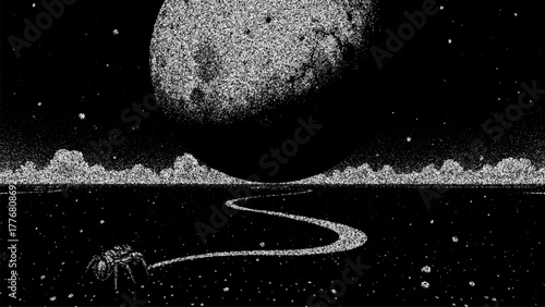 A lone spider on a sparkling stipple road leading to a grand moon, with stipple clouds and stars dotting the night sky, for mystic art.